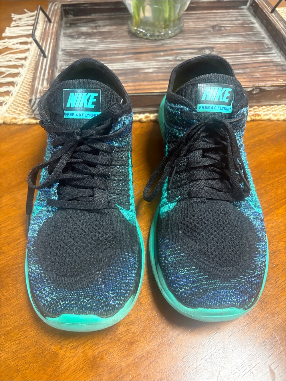 Nike Men’s Flyknit Free 4.0 Running Shoes - Black/Teal